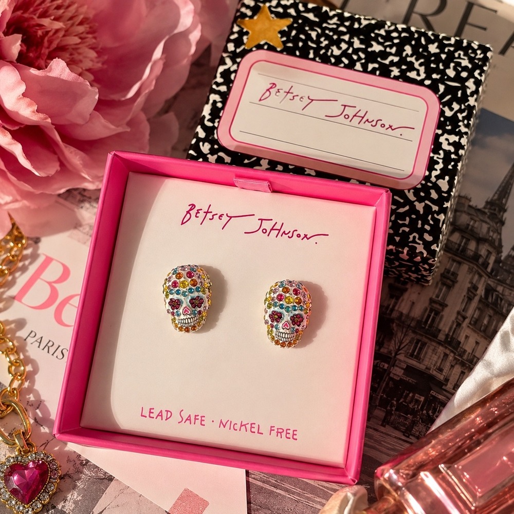 Betsey Johnson Rhinestone Sugar Skull Stud Earrings Day of the Dead NIB
